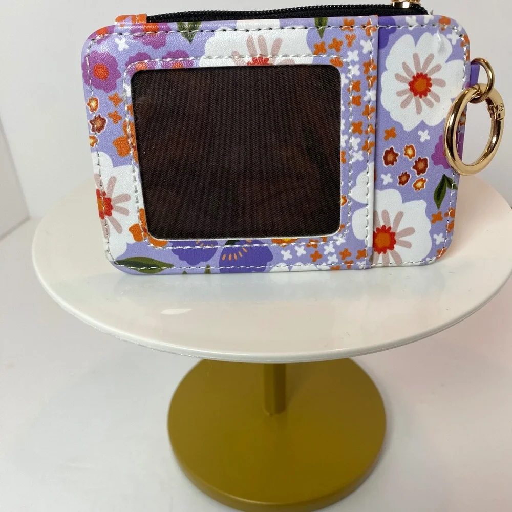 Purple Floral Card‎ Holder Wallet with ID Window Keyring and Zipper Pocket